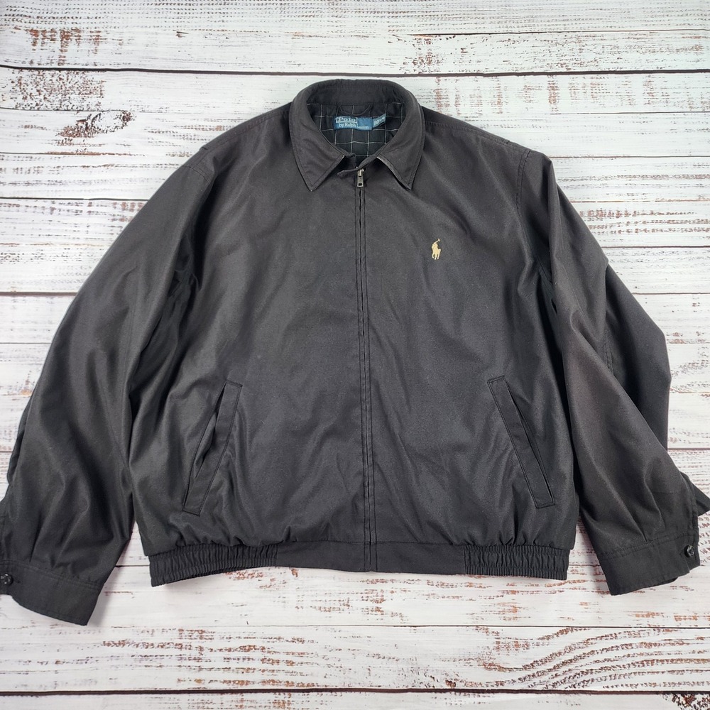 Polo Ralph Lauren Bi-Swing Windbreaker Bomber Jacket Men L Black Plaid Lined